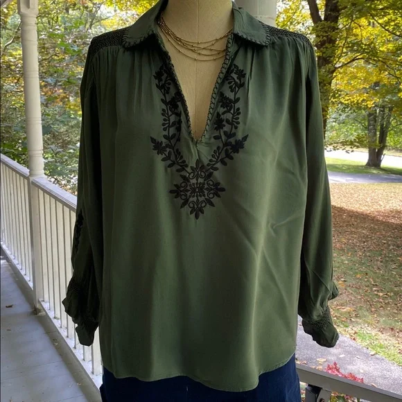 NATURAL LIFE Olive Green Blouse with Black Embroidery - Picture 14 of 16